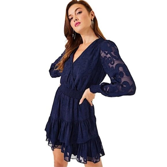 Lilly Pulitzer Christina Long Sleeve Dress  Navy Crepe Swirl Clip Size 12 NWT - Picture 2 of 13